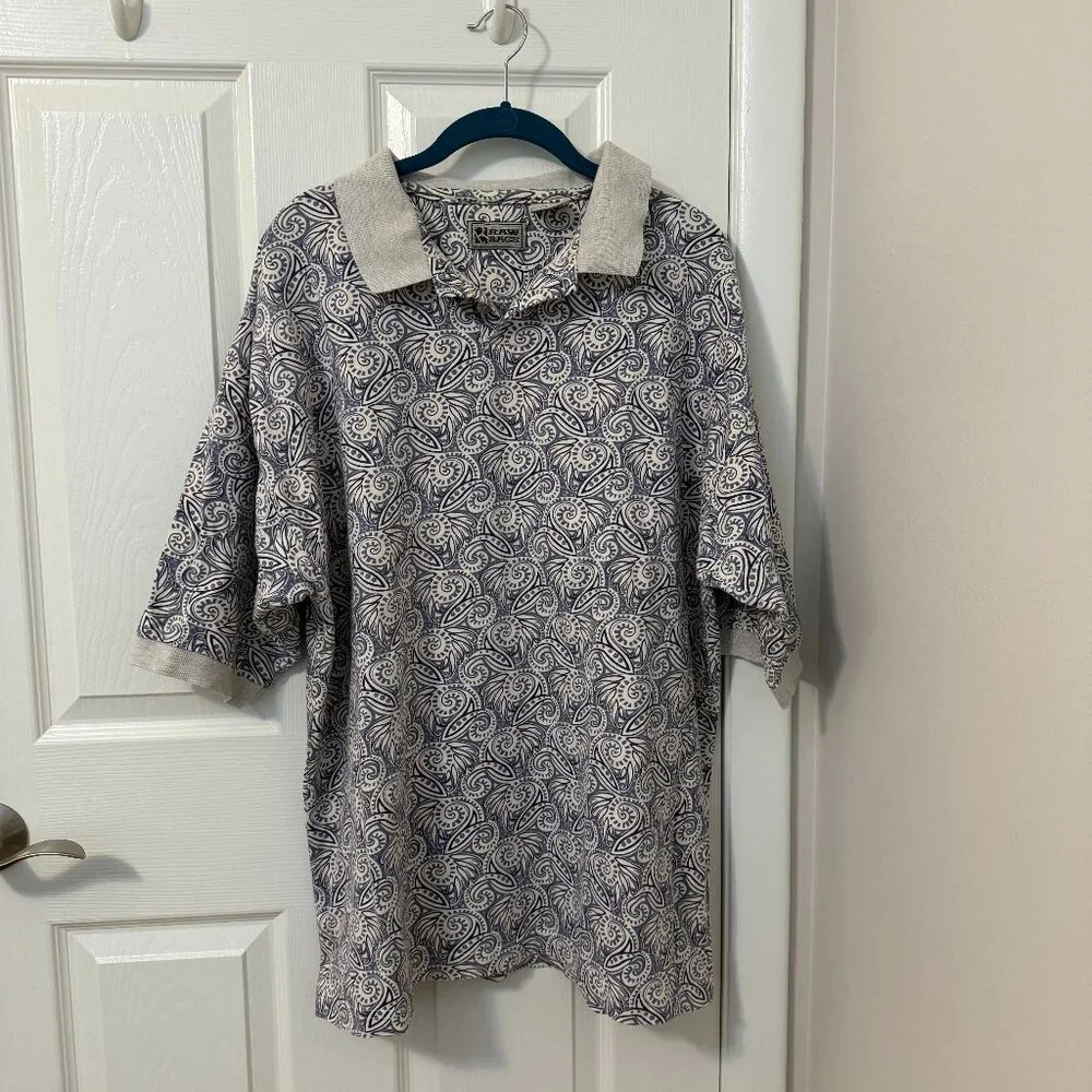 Raw Rags Vintage Men's Short Sleeve Polo Blue Geometric Pattern Size‎ XL